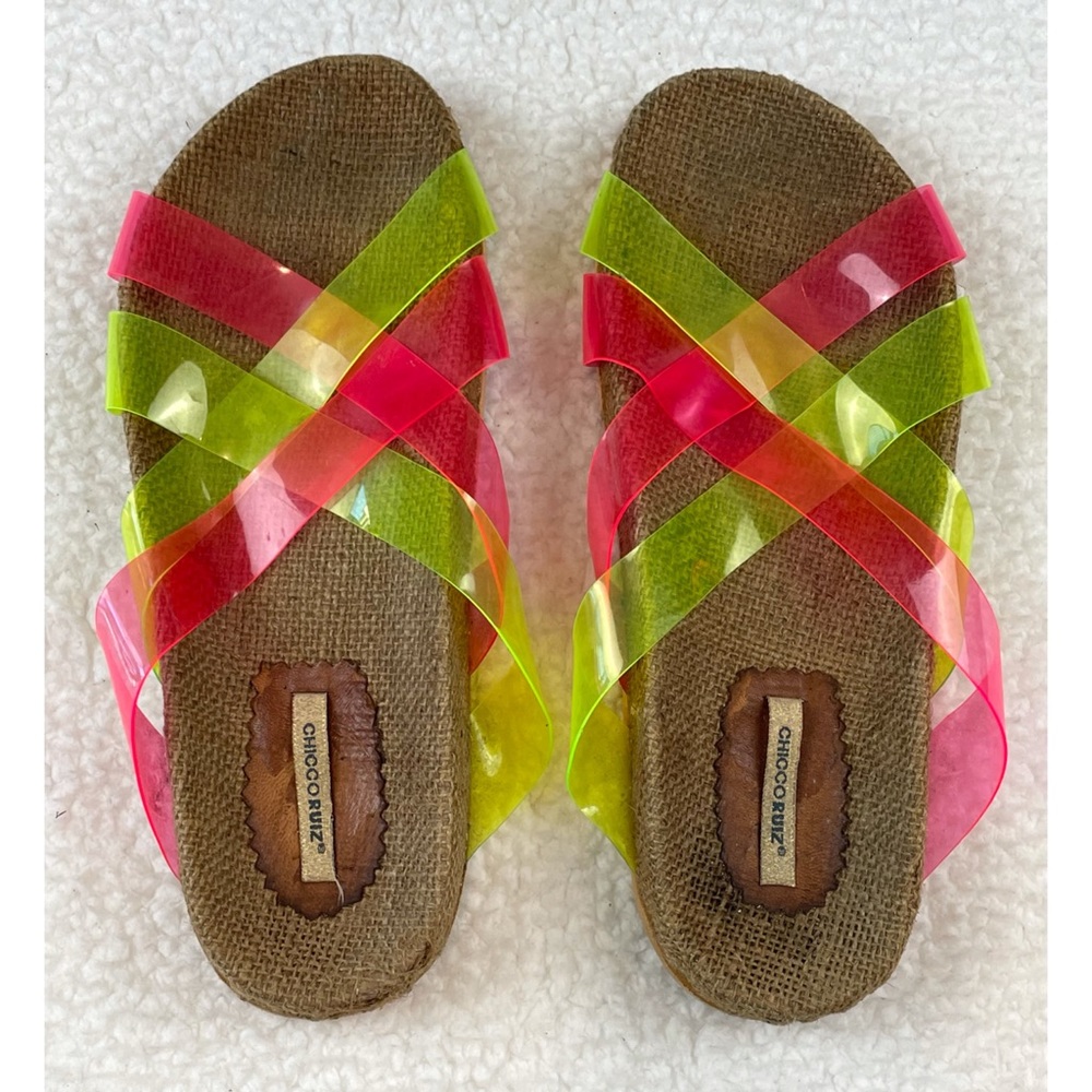 CHICCO RUIZ • Pink and Green Criss Cross Slip-On Sandals, 8.5 - Picture 6 of 16